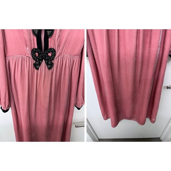 Saloni Camille Crystal Bow Liquid Velvet Midi Dress Rose Pink Black Beaded US 2 - Picture 9 of 16